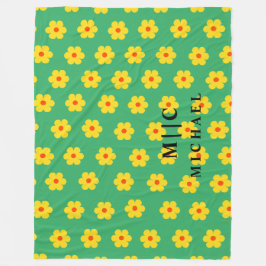 Grönt modern monogramretroblommigt fleecefilt