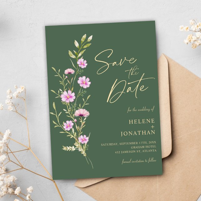 Grönt Modern Rustic Elegant Wildblomma Bröllop Spara Datumet (Green Modern Rustic Elegant Wildflower Wedding Save The Date)