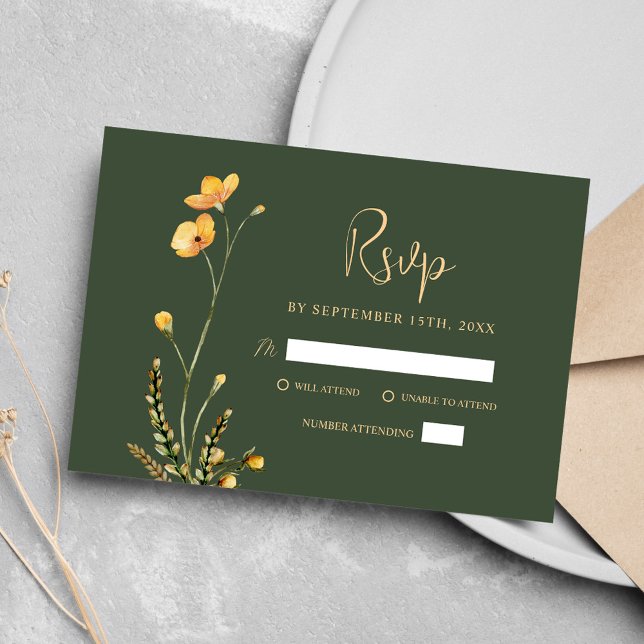 Grönt Modern Rustik Minimalist Wildblomma Bröllop OSA Kort (Green Modern Rustic Minimalist Wildflower Wedding RSVP Card)