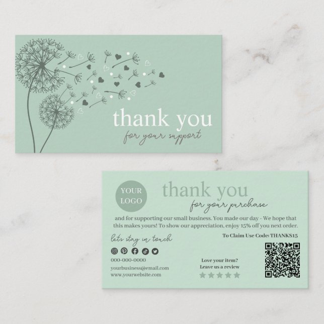 Grönt Modern skript QR-kod, Tack Visitkort (Fram/baksida)