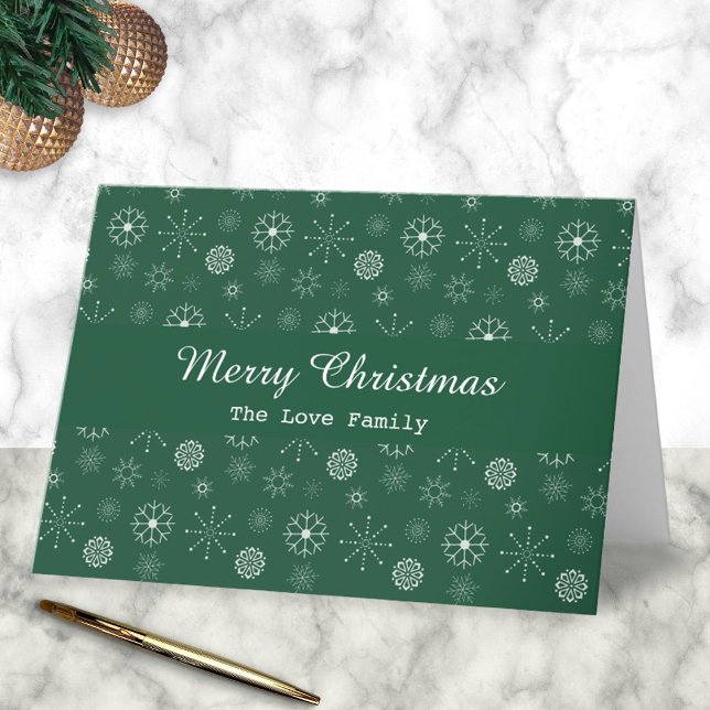 Grönt Modern Snöflingor God jul Card Kort (Merry Christmas Family Card)