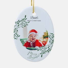 Grönt Modernt Blommigt Barns Första Jul Julgransprydnad Keramik