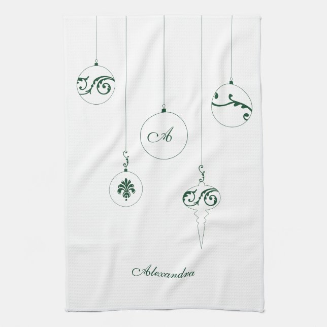 Grönt Monogram Bauble Ornaments Personlig Namn Kökshandduk (Vertikal)