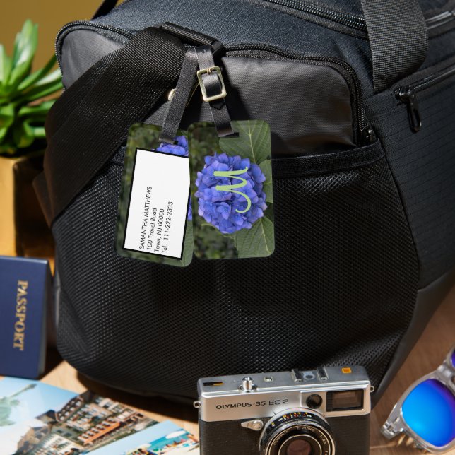 Grönt monogram Blå Hortensia Blommig Bagagebricka (Fram & Baksida)