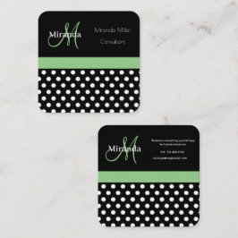 Grönt Monogram Black White Polka Dot Fyrkantigt Visitkort