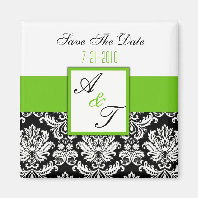 Grönt Monogram Damask Wedding Magnet (Framsidan)