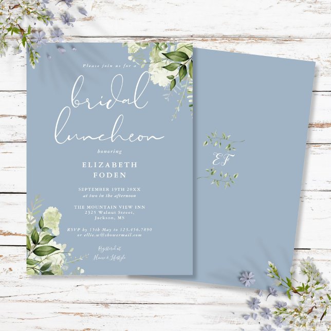 Grönt Monogram Dustig Blå Bröllopsluncheon Inbjudningar (Greenery Monogram Dusty Blue Bridal Luncheon Invitation)
