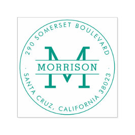 Grönt Monogram & Family Namn Round-Returadress Självfärgande Stämpel