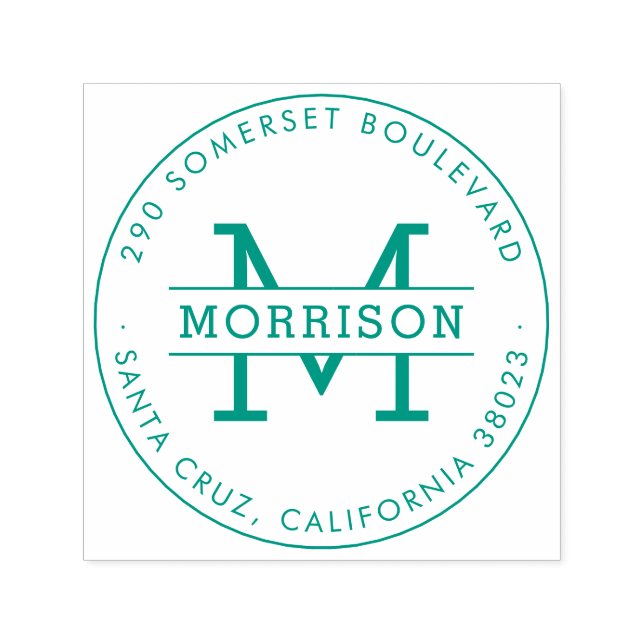 Grönt Monogram & Family Namn Round-Returadress Självfärgande Stämpel (Design)