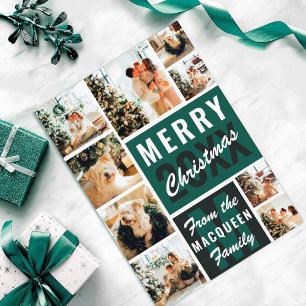 Grönt Monogram Family Photo Collage jul Kort