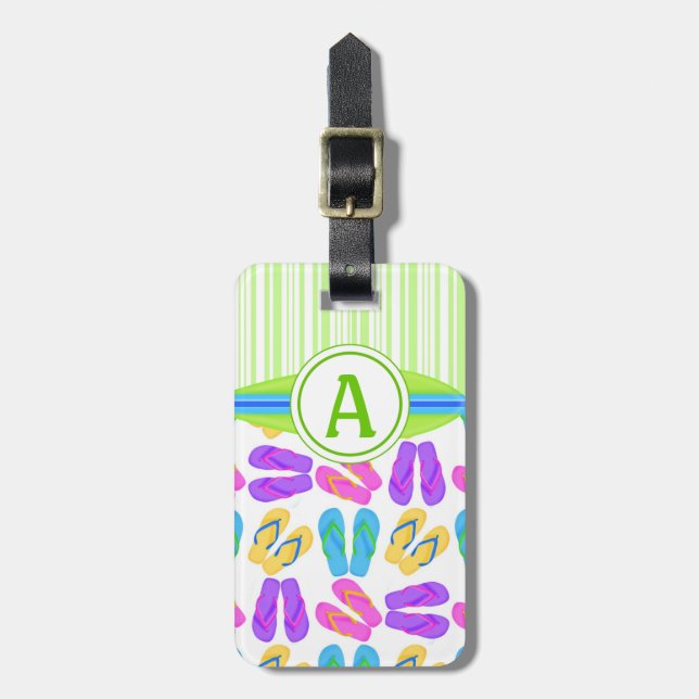 Grönt Monogram Flinflip flops och Surfboard Beach Bagagebricka (Vertikal Framsida)