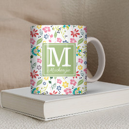 Grönt Monogram för färglös Vår blommor Kaffemugg