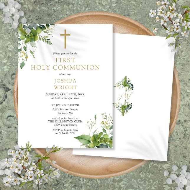 Grönt Monogram Första Kommunion Inbjudan (Greenery Monogram First Holy Communion Invitation Postcard)