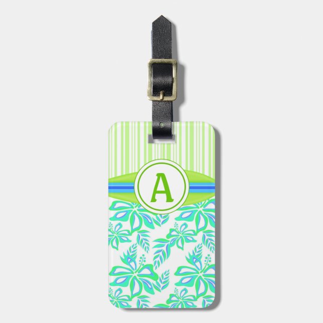 Grönt Monogram Hibiscus Flowers Tropical Beach Bagagebricka (Vertikal Framsida)