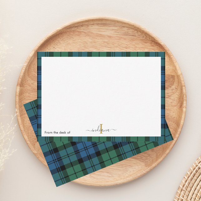 Grönt Monogram skript Rustic Namn Tartan Tack Kort (Plaid Monogram Campbell Tartan Notecard)