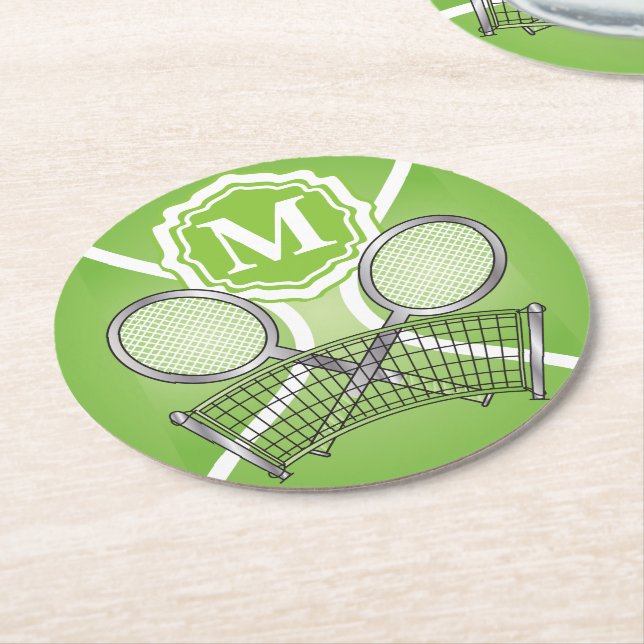 Grönt Monogram Tennis Underlägg Papper Rund (Vinklad)