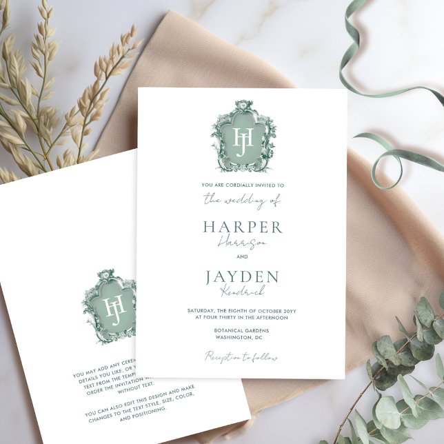 Grönt Monogram tidlös elegance Formal Bröllop Inbjudningar (Skapare uppladdad)