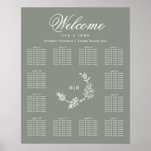 Grönt Monogram Utandning Bröllop 12 Bord Poster