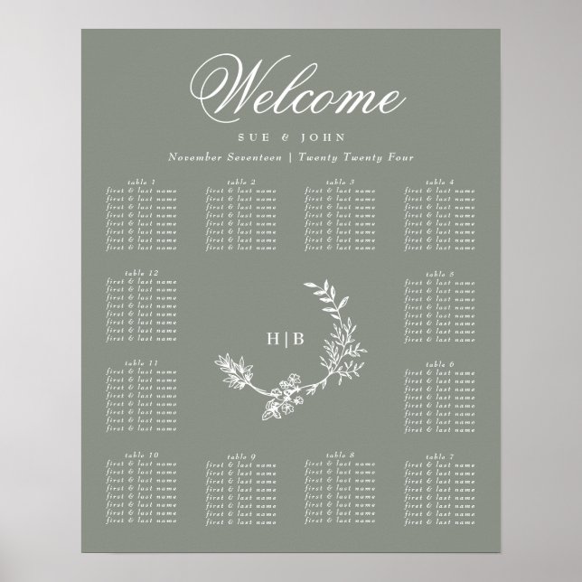 Grönt Monogram Utandning Bröllop 12 Bord Poster (Framsidan)
