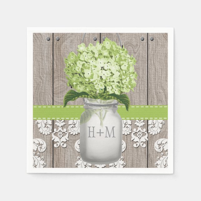 Grönt Monogrammed Hydrangea Mason Burk Pappersservett (Framsidan)