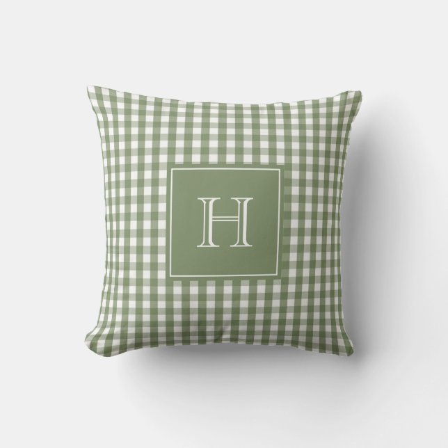 Grönt monogramrutigt pastellbuffelcheck  kudde (Framsida)