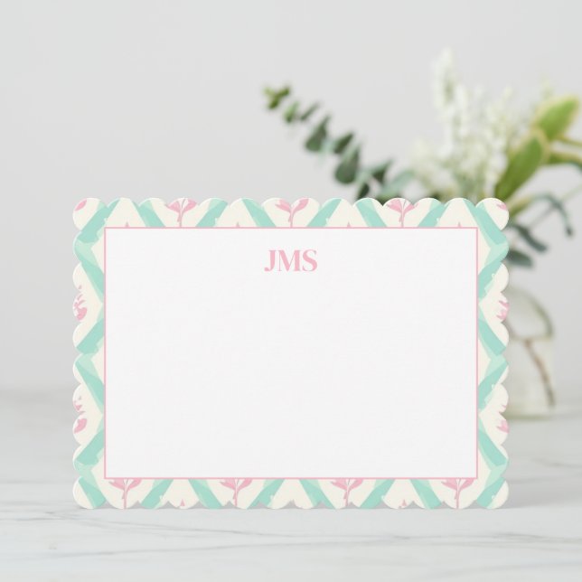 Grönt mönster chic monogram papper anteckningskort (Stående Fram)