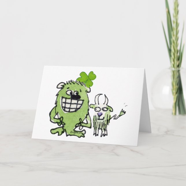 Grönt Monster Goat Shamrock Tecknad Greeting Card Kort (Framsida)