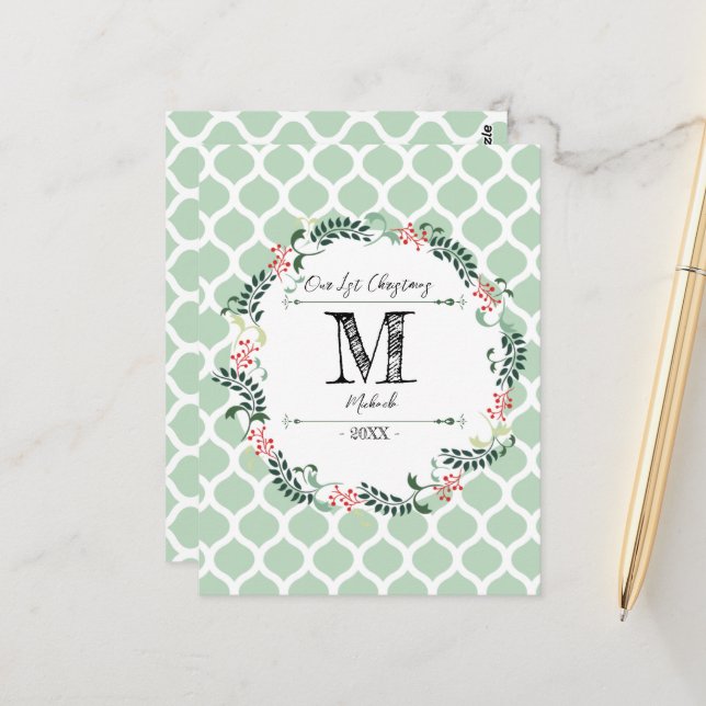 Grönt Mönster God jul, utandningsmonogram Baby Vykort (Fram/Back In Situ)