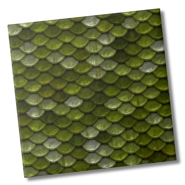 Grönt  Mönster Kakelplatta (Glam Metallic Lime Olive Green Scales Pattern ceramic tile)