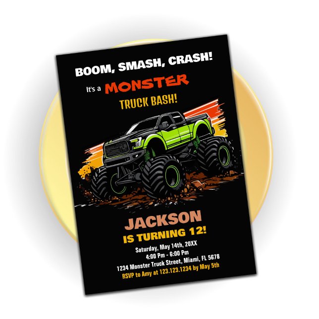 Grönt Monster Lastbil Birthday-inbjudningar, svart Inbjudningar (Green Monster Truck Birthday Invitations Black)