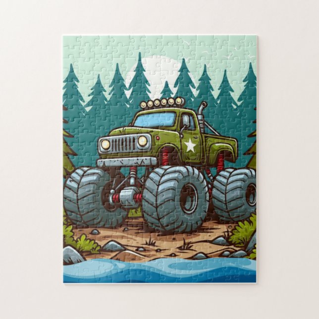 Grönt Monster Lastbil i skogen Pussel (Vertikal)