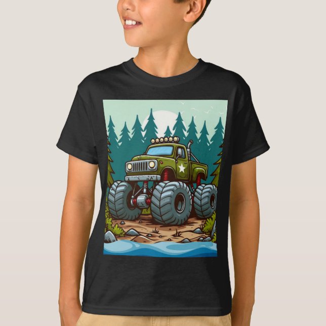Grönt Monster Lastbil i skogen T Shirt (Framsida)