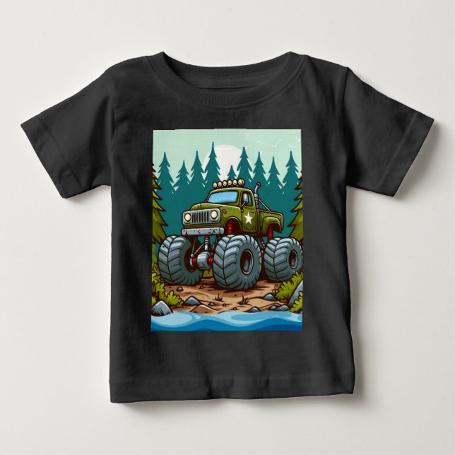 Grönt Monster Lastbil i skogen T Shirt (Framsida)