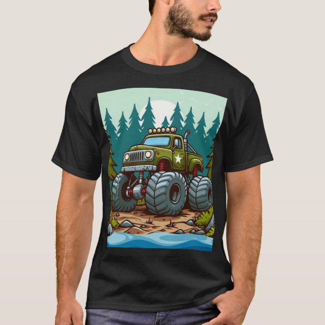 Grönt Monster Lastbil i skogen T Shirt (Framsida)