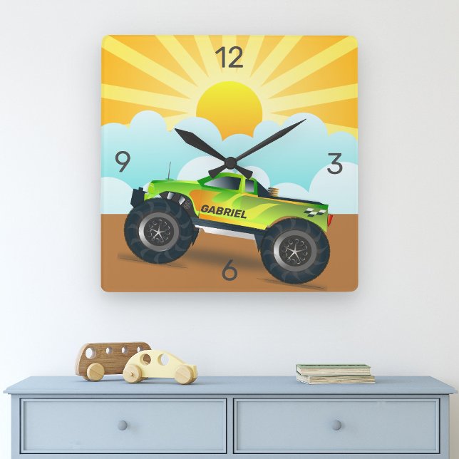 Grönt Monster Lastbil Personlig Namn Kids Room Fyrkantig Klocka (Skapare uppladdad)