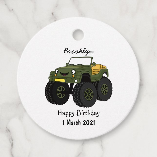 Grönt monster lastbil tecknad illustration gåvor etiketter (Framsida)