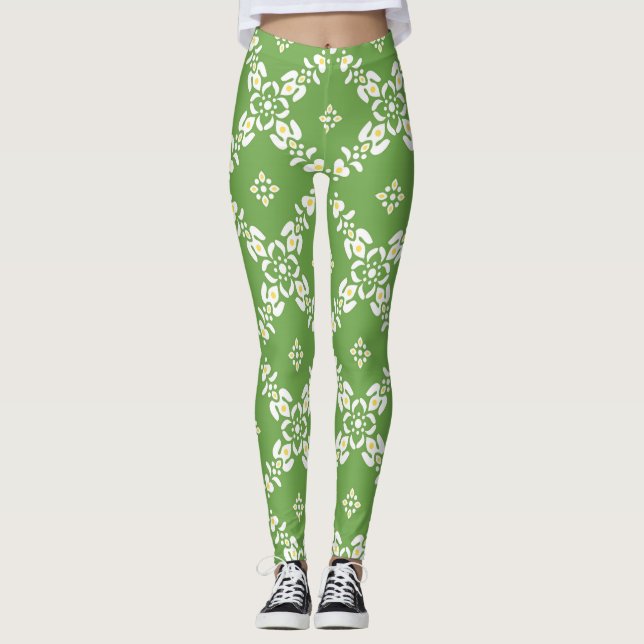Grönt mönster löv blommor leggings (Framsida)