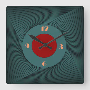 Grönt Mönster med Red Circle Center> Wall Clock Fyrkantig Klocka