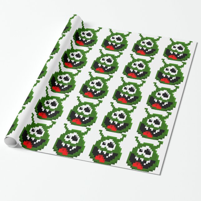 Grönt Monster - Pixel Art Presentpapper (Utrullad)