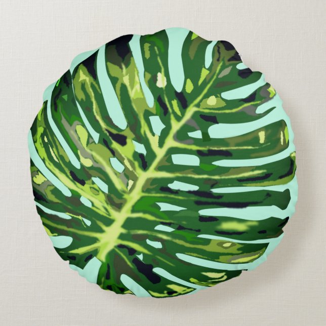 Grönt Monstera-blad runt kuddfodral Rund Kudde (Baksidan)