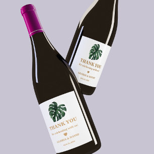 Grönt Monstera Löv Bröllop Vinflaska Etikett