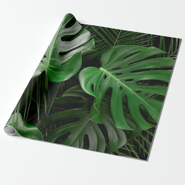 Grönt Monstera löv och handflatan löv Presentpapper (Utrullad)