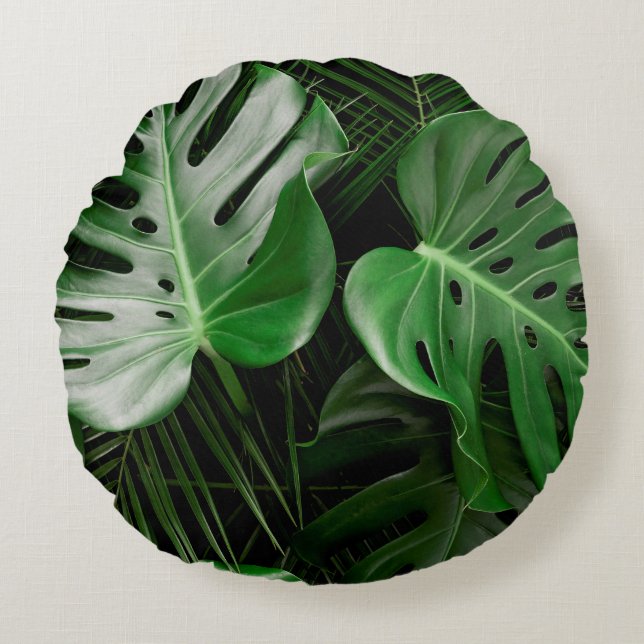 Grönt Monstera löv och handflatan löv Rund Kudde (Framsidan)