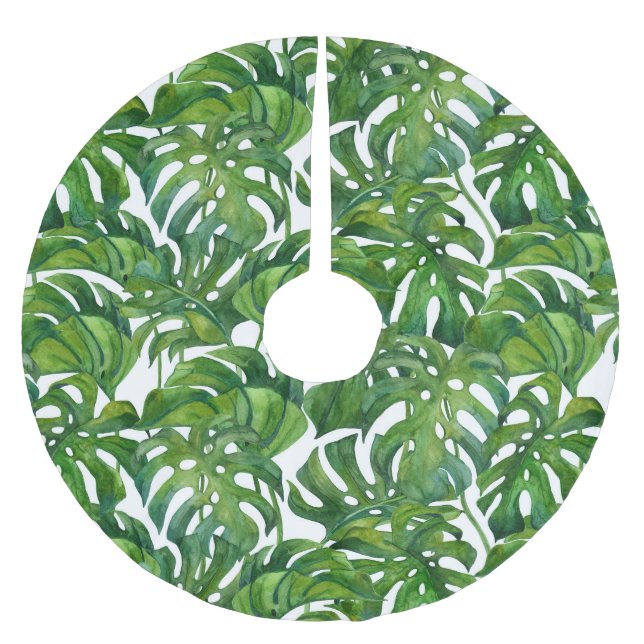 Grönt Monstera Löv Tropical Seamless Julgransmatta Borstad Polyester (Framsidan)