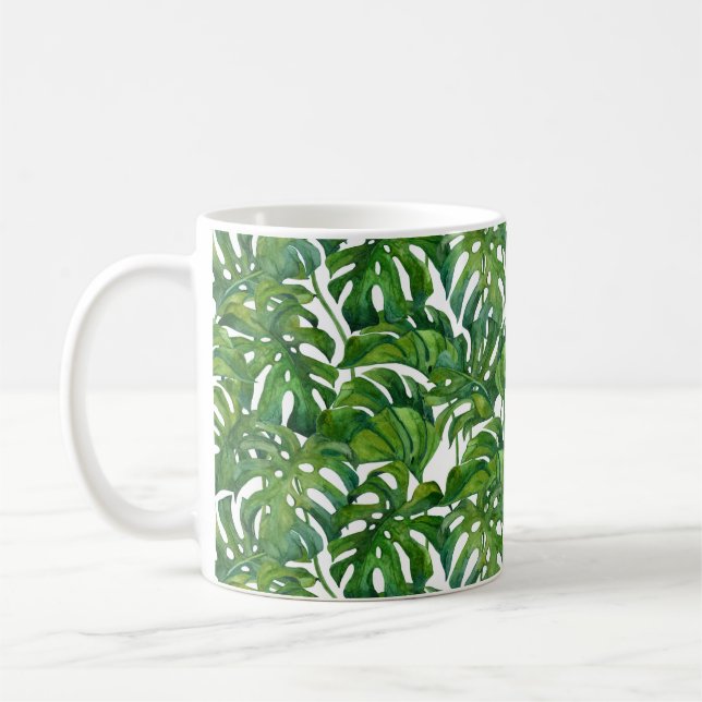 Grönt Monstera Löv Tropical Seamless Kaffemugg (Vänster)