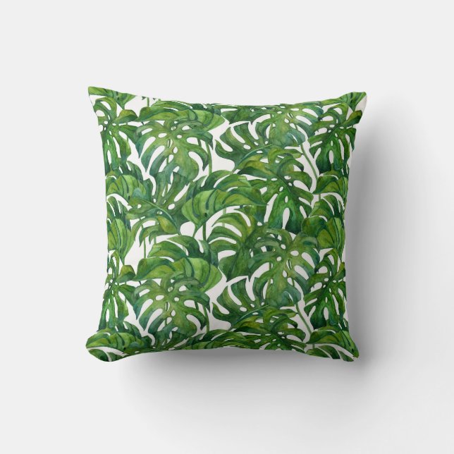 Grönt Monstera Löv Tropical Seamless Kudde (Framsida)