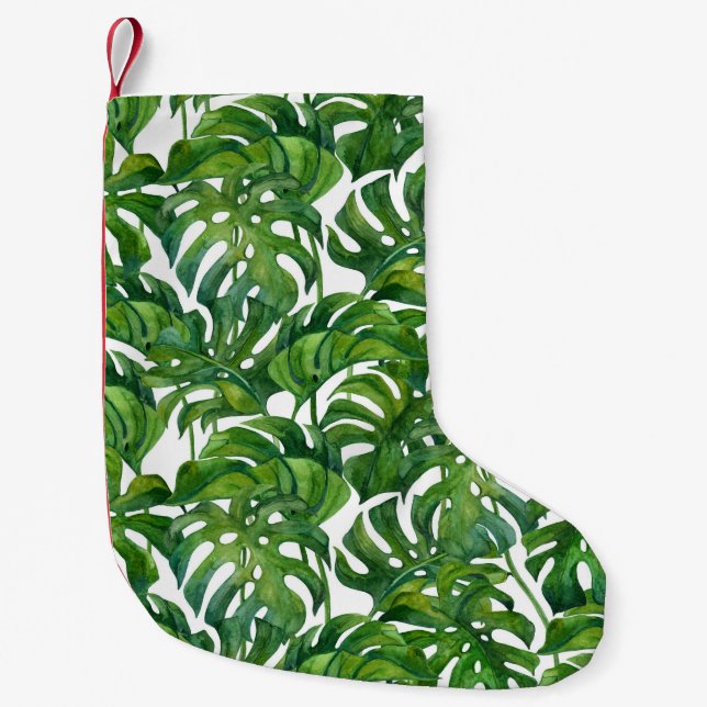 Grönt Monstera Löv Tropical Seamless Liten Julstrumpa (Framsidan)