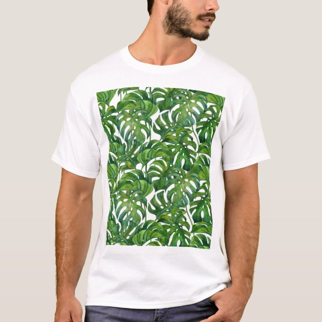 Grönt Monstera Löv Tropical Seamless T Shirt (Framsida)