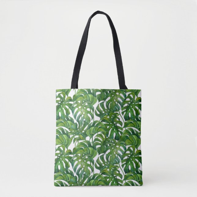 Grönt Monstera Löv Tropical Seamless Tygkasse (Framsida)