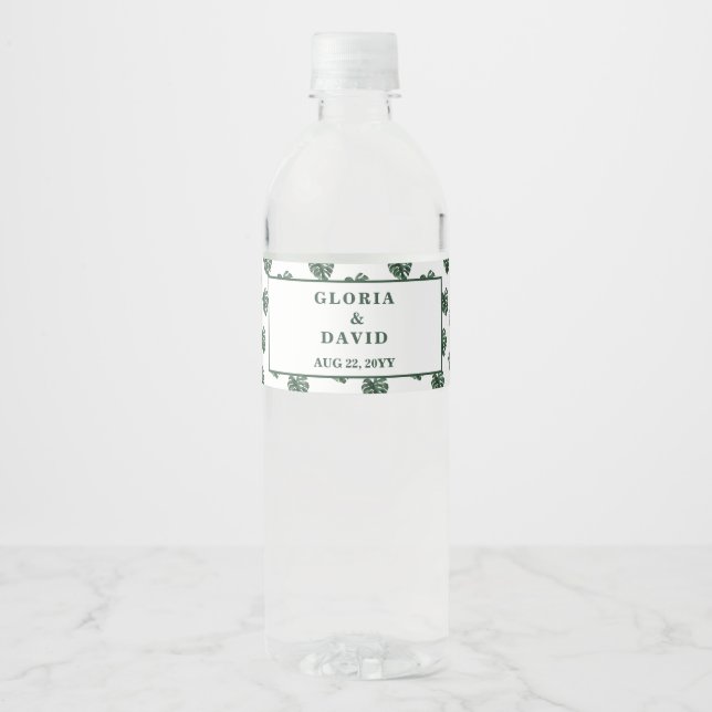 Grönt Monstera Löv Vattenflaska Bröllop Label Etikett (Framsida)